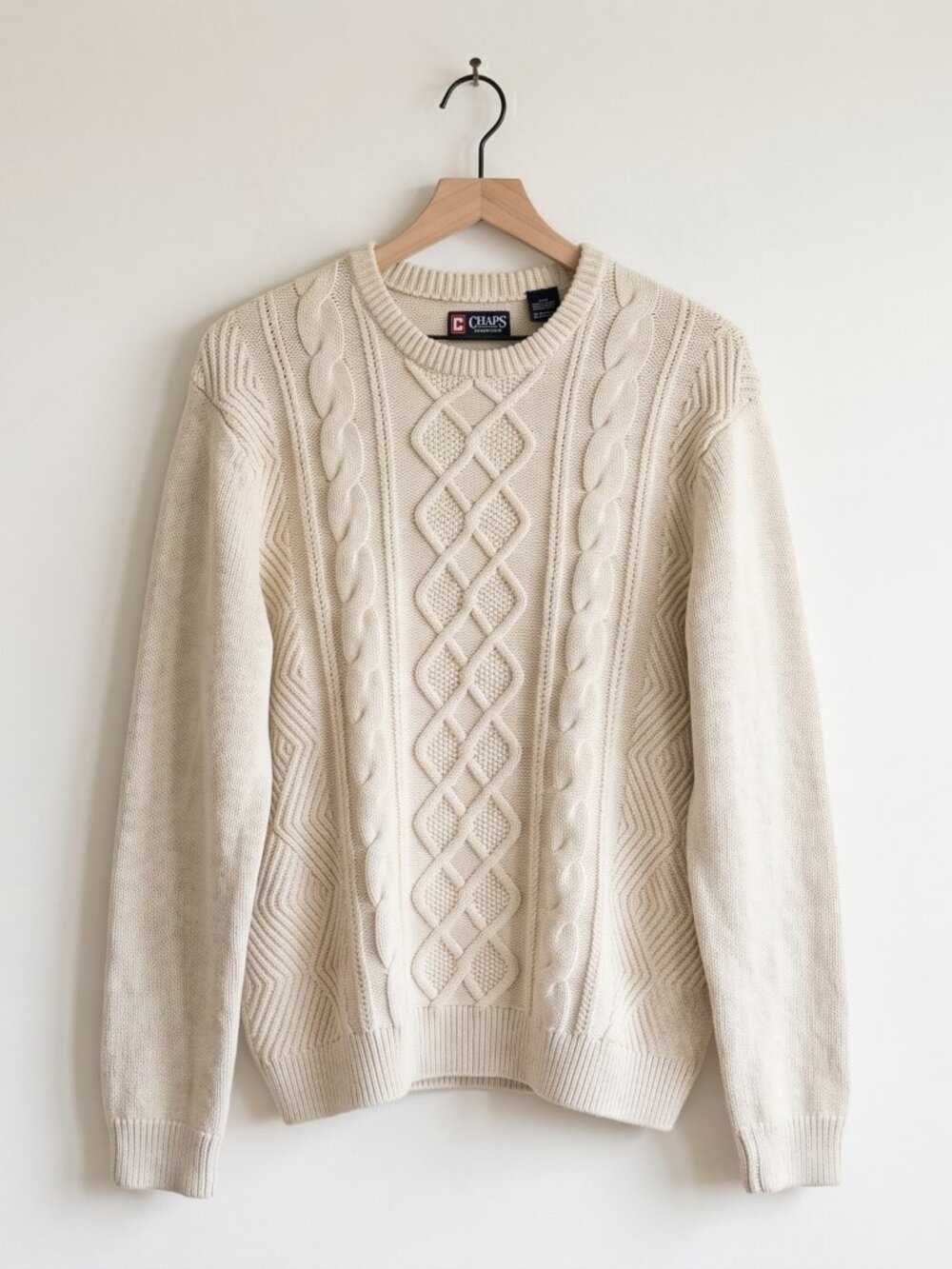Vintage Chaps Cable Knit Fisherman Sweater Cream Cotton Crewneck Men's XL